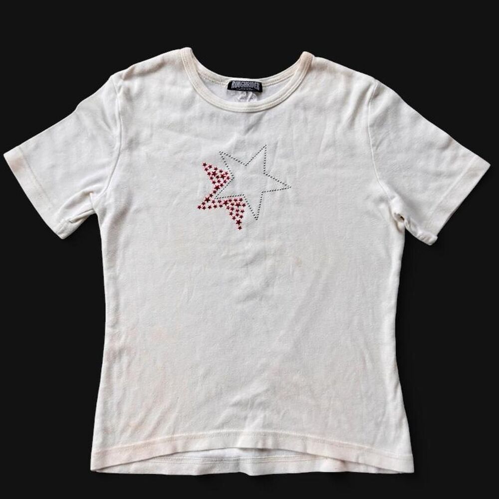 Y2K Rough Rider White Rhinestone Star Tee size m